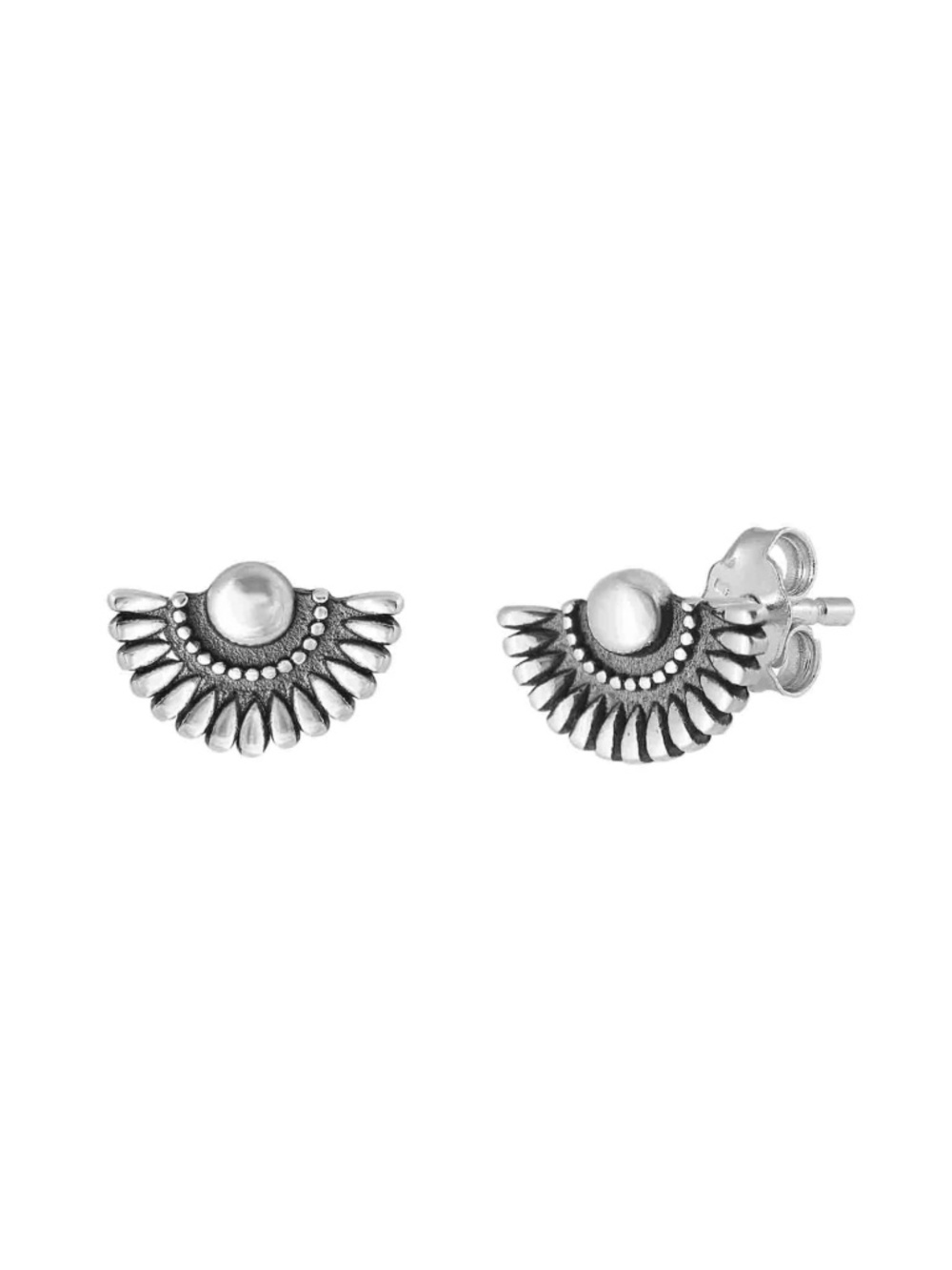 Sterling Silver Oxidized Sunburst Fan Stud Earrings
